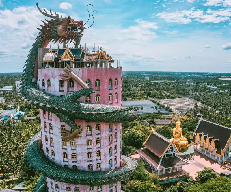 Wat Samphran Dragon Temple Thailand: The Enigmatic Pink Tower Wrapped by a Giant Dragon